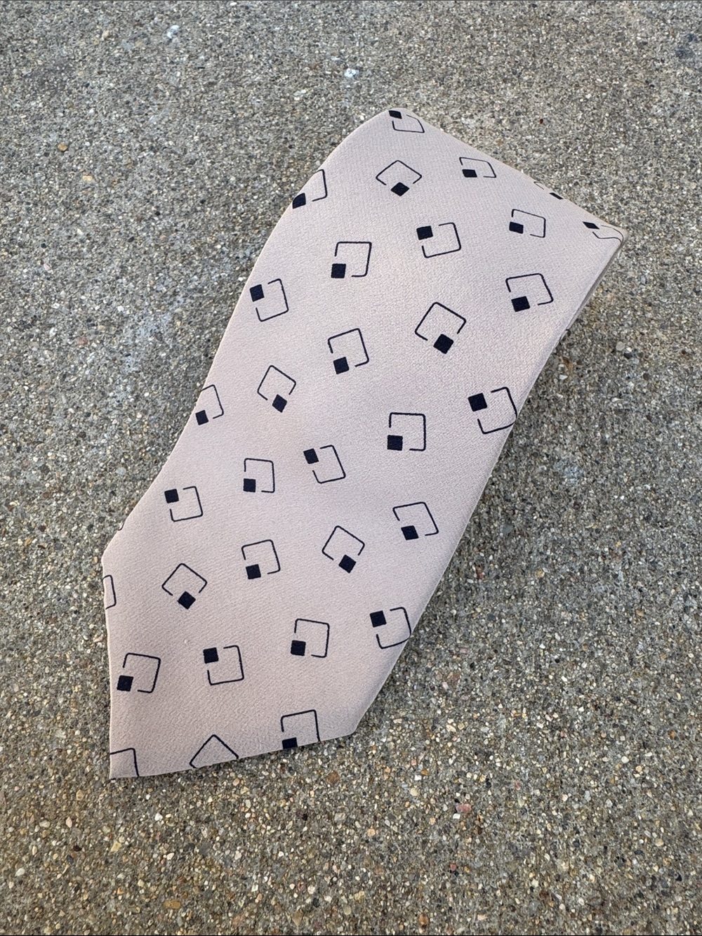 NOS Vintage Mario Valentino Beige Silk Tie with Black Geometric Accents - USA